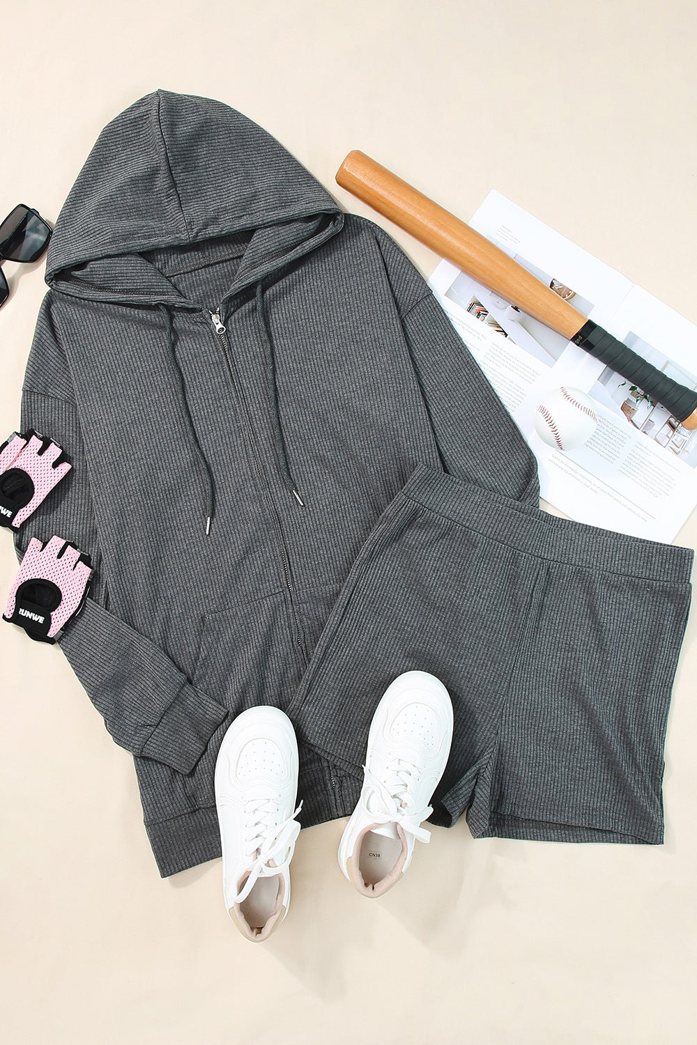 Drawstring Zip Up Sweatshirt and Shorts Set