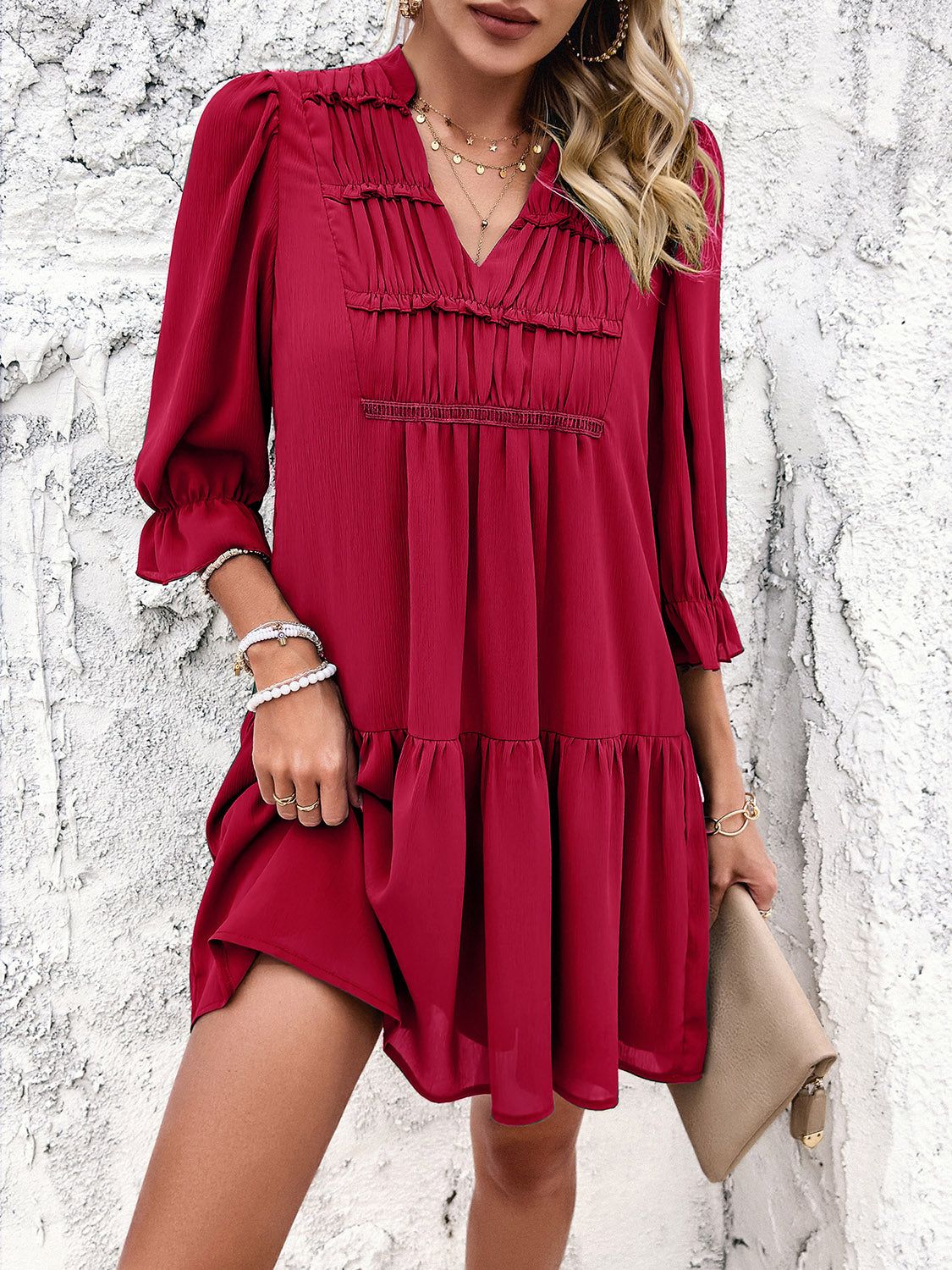 Ruched Notched Flounce Sleeve Dress