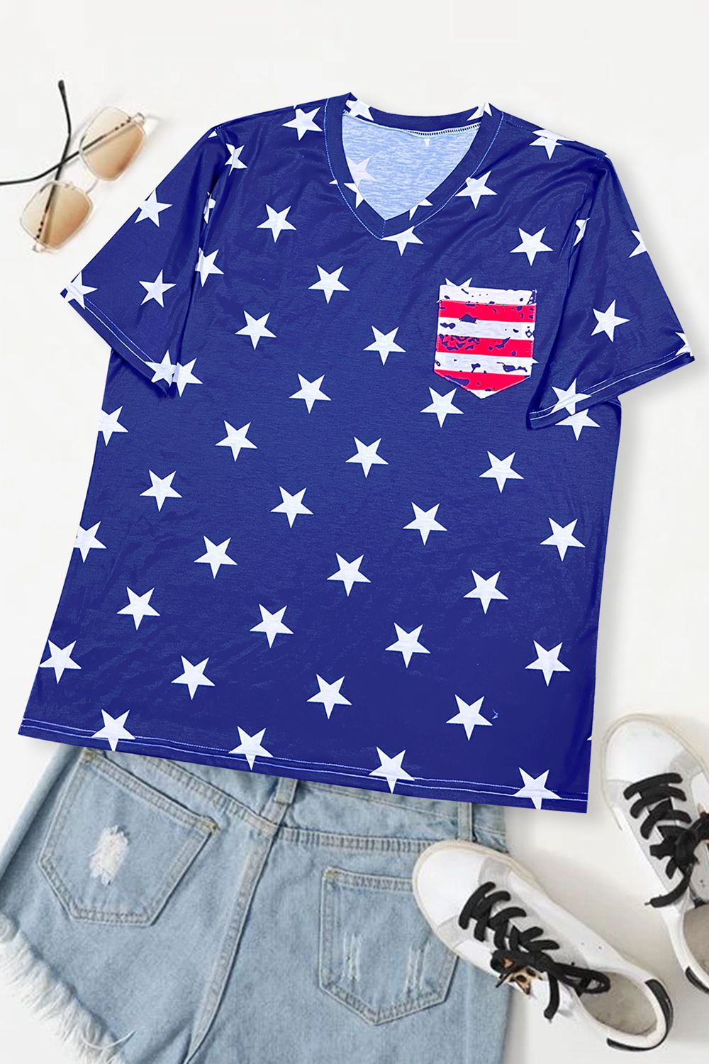 V-Neck Short Sleeve US Flag T-Shirt