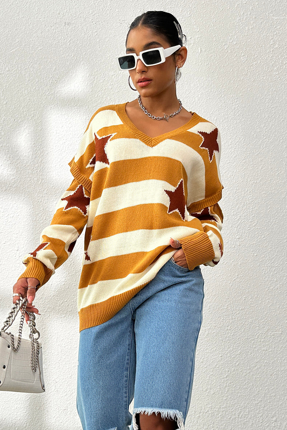 Star Pattern V-Neck Cutout Sweater