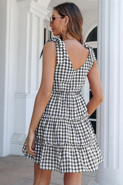 Plaid Tie Shoulder Frill Trim Tiered Dress