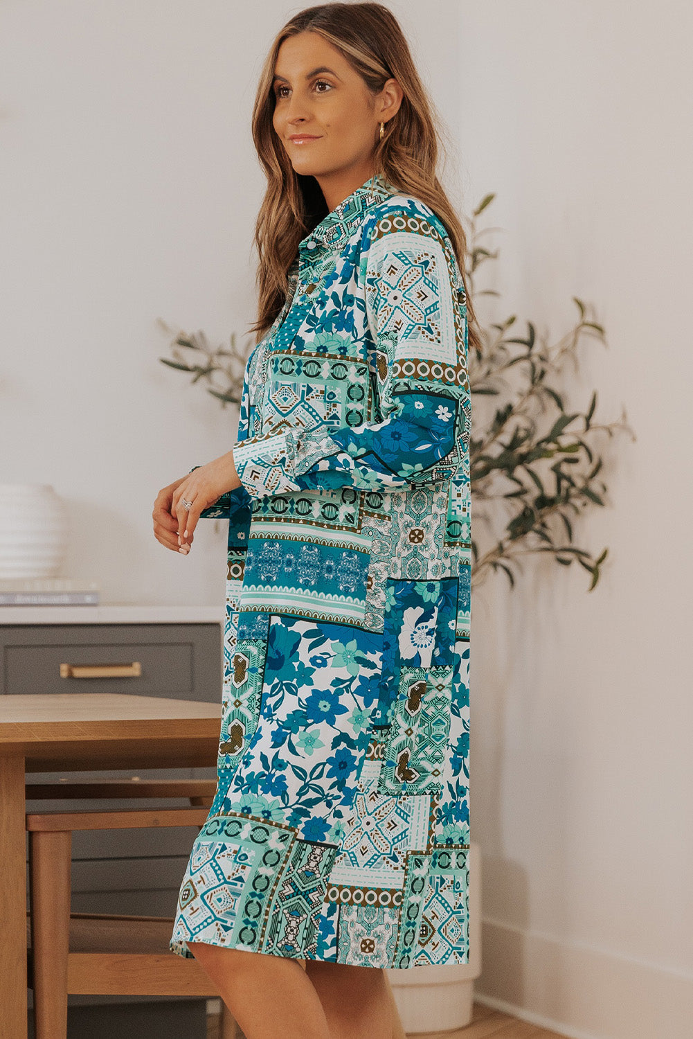 Printed Button Up Long Sleeve Shirt Dress