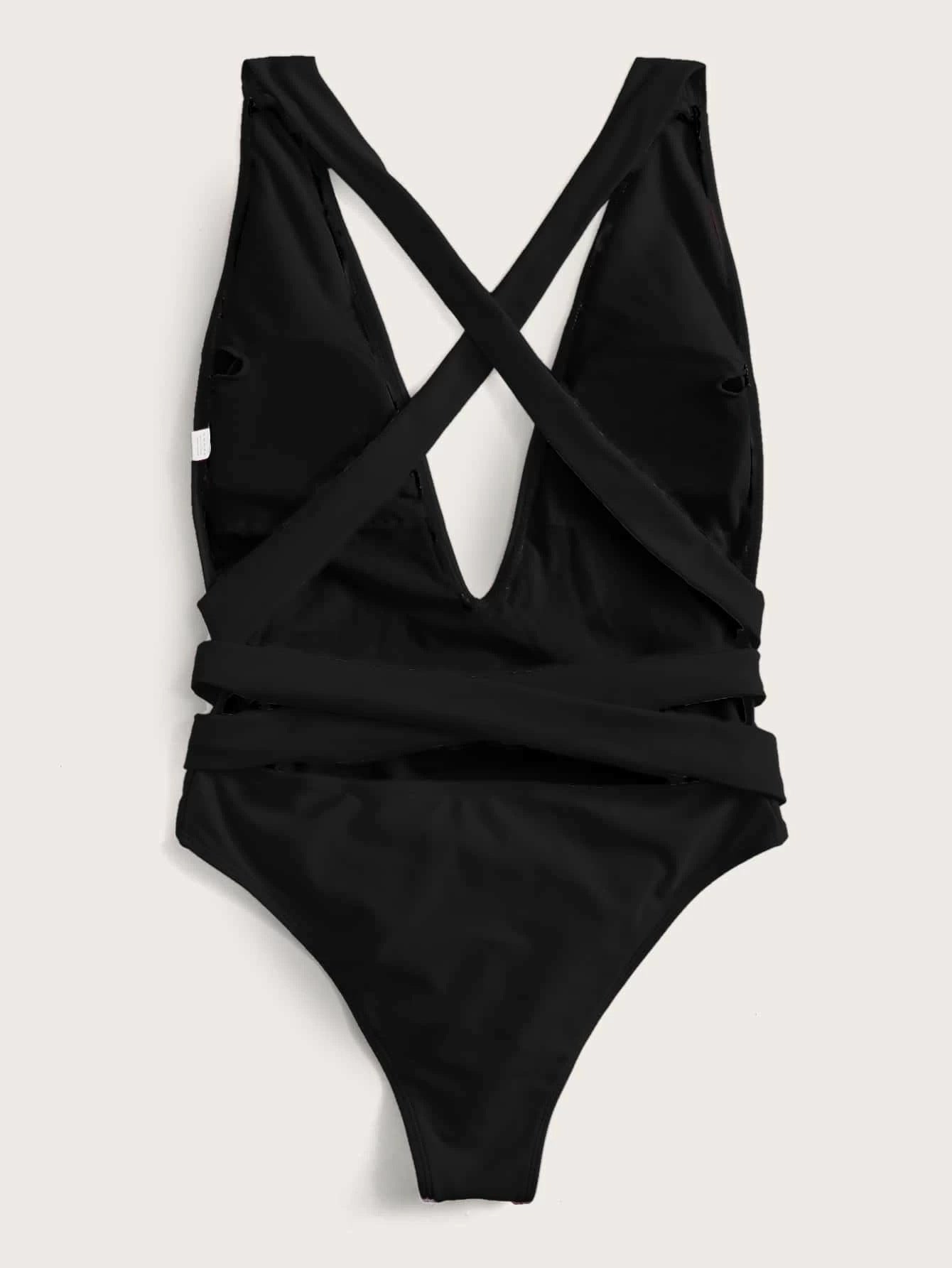 Halter Neck Deep V Tied One-Piece Swimsuit