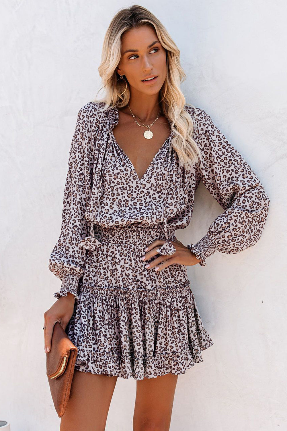 Printed Tie Neck Ruffle Hem Tiered Dress