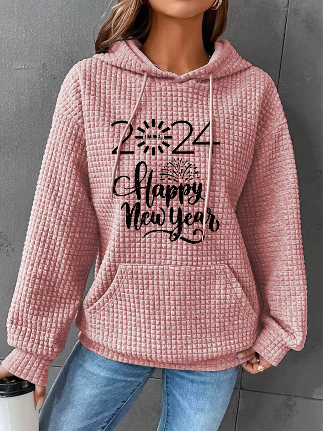 Full Size 2024 HAPPY NEW YEAR Waffle-Knit Hoodie