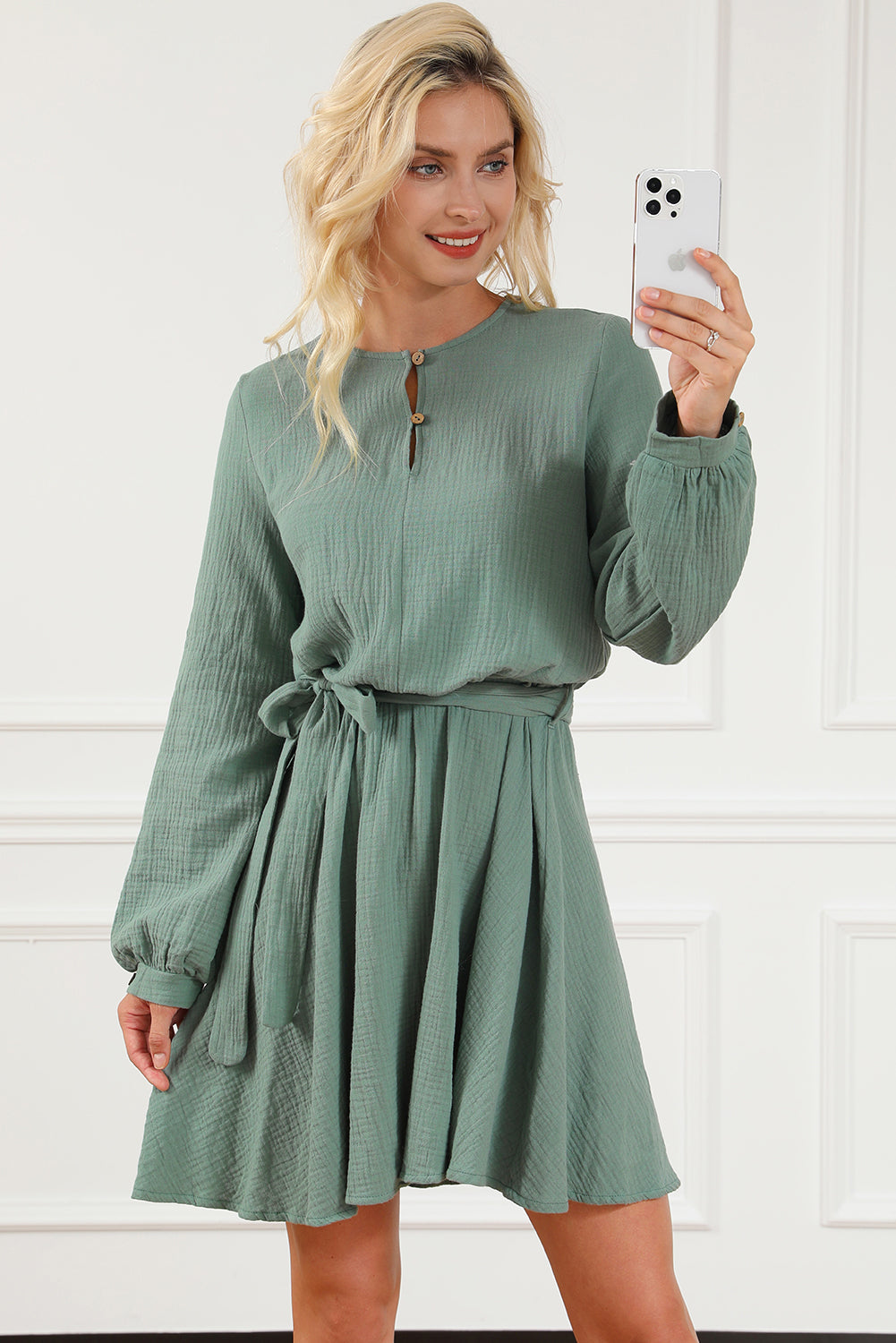 Tie Front Long Sleeve Mini Dress