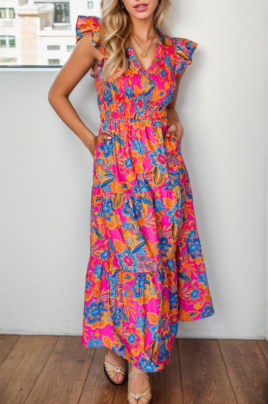 Printed V-Neck Cap Sleeve Pocketed Midi Dress