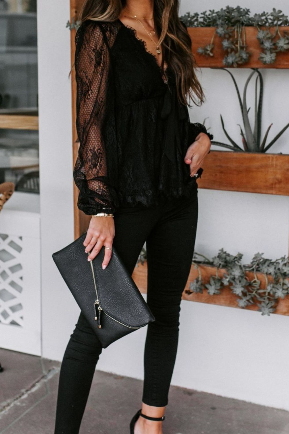 Lace Detail Plunge Long Sleeve Blouse