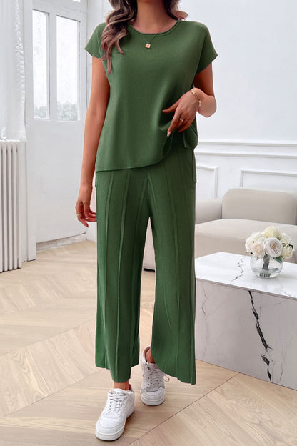 Round Neck Short Sleeve Top and Pants Set