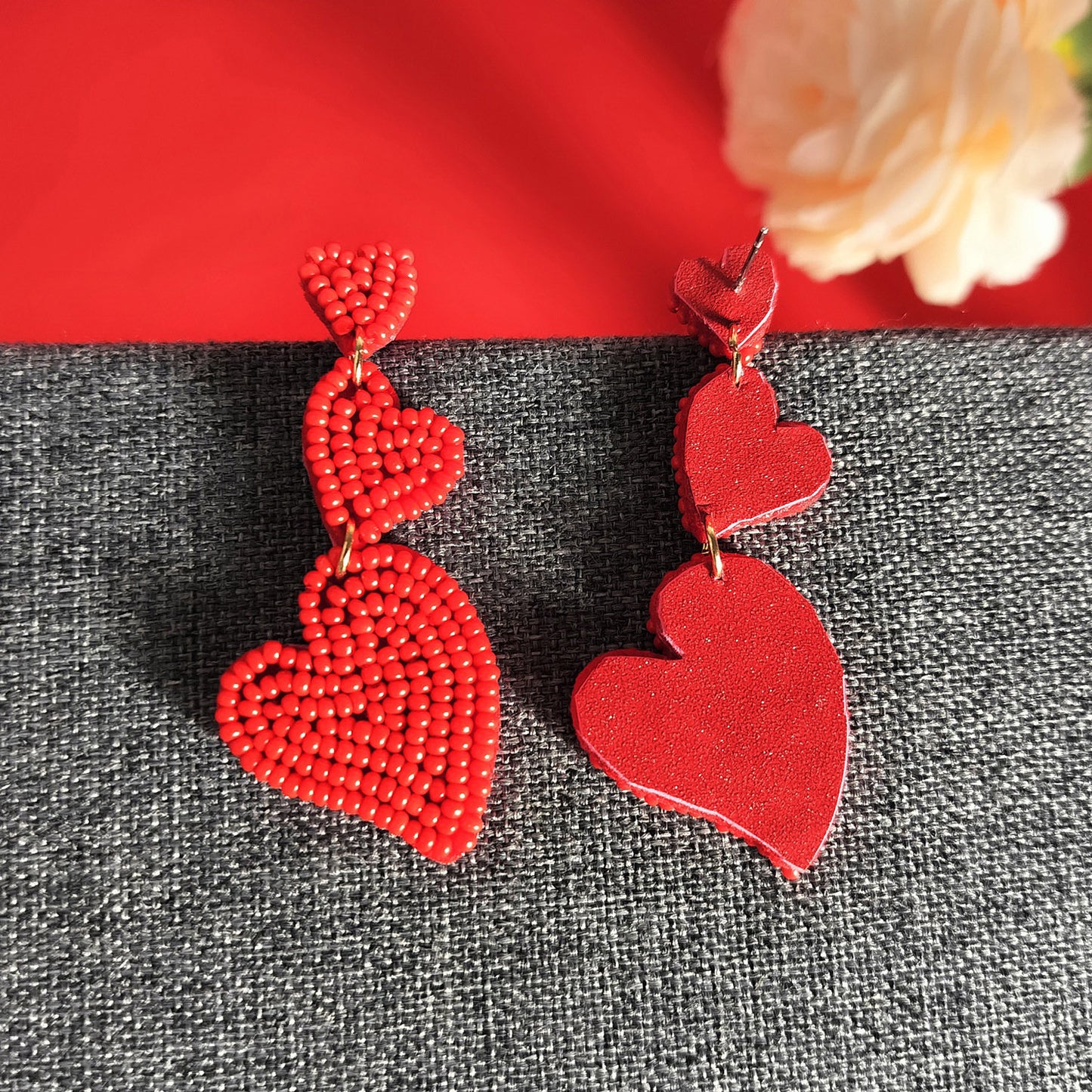 Bead Stainless Steel Heart Dangle Earrings