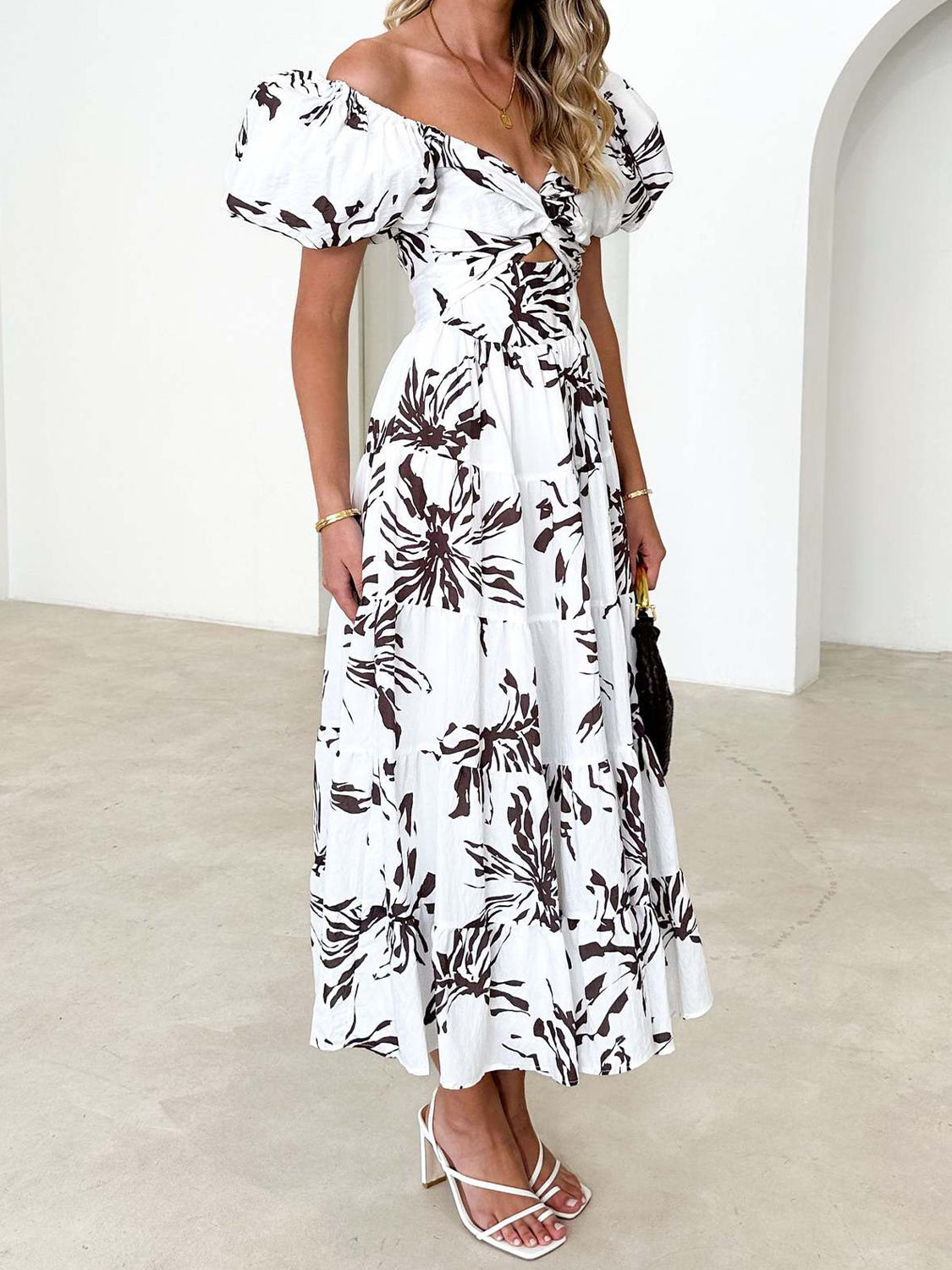 Twisted Printed Puff Sleeve Dress