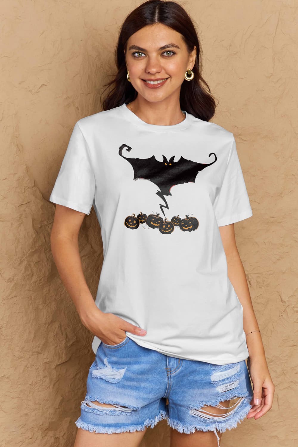 Simply Love Full Size Bat & Pumpkin Graphic Cotton T-Shirt