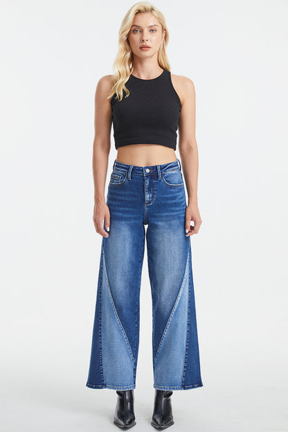 BAYEAS Full Size High Waist Two-Tones Patched Wide Leg Jeans