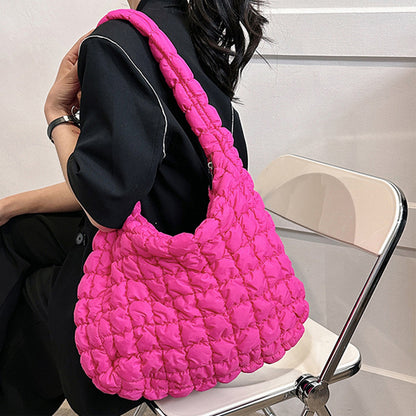 Quilted Pleated Plaid Shoulder Bag with Zipper