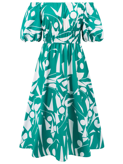 Printed Off-Shoulder Balloon Sleeve Dress