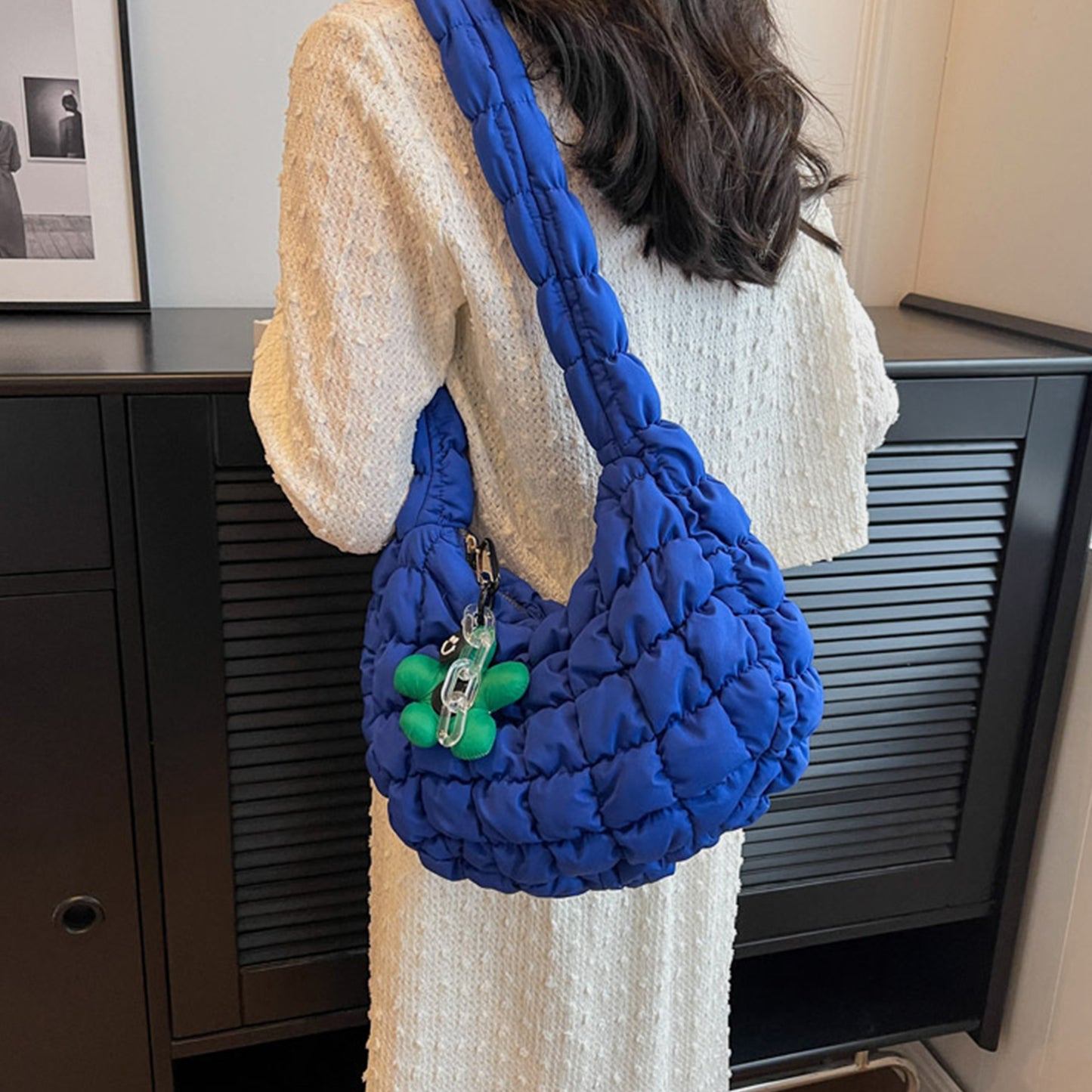 Quilted Shoulder Bag with Flower Pendant