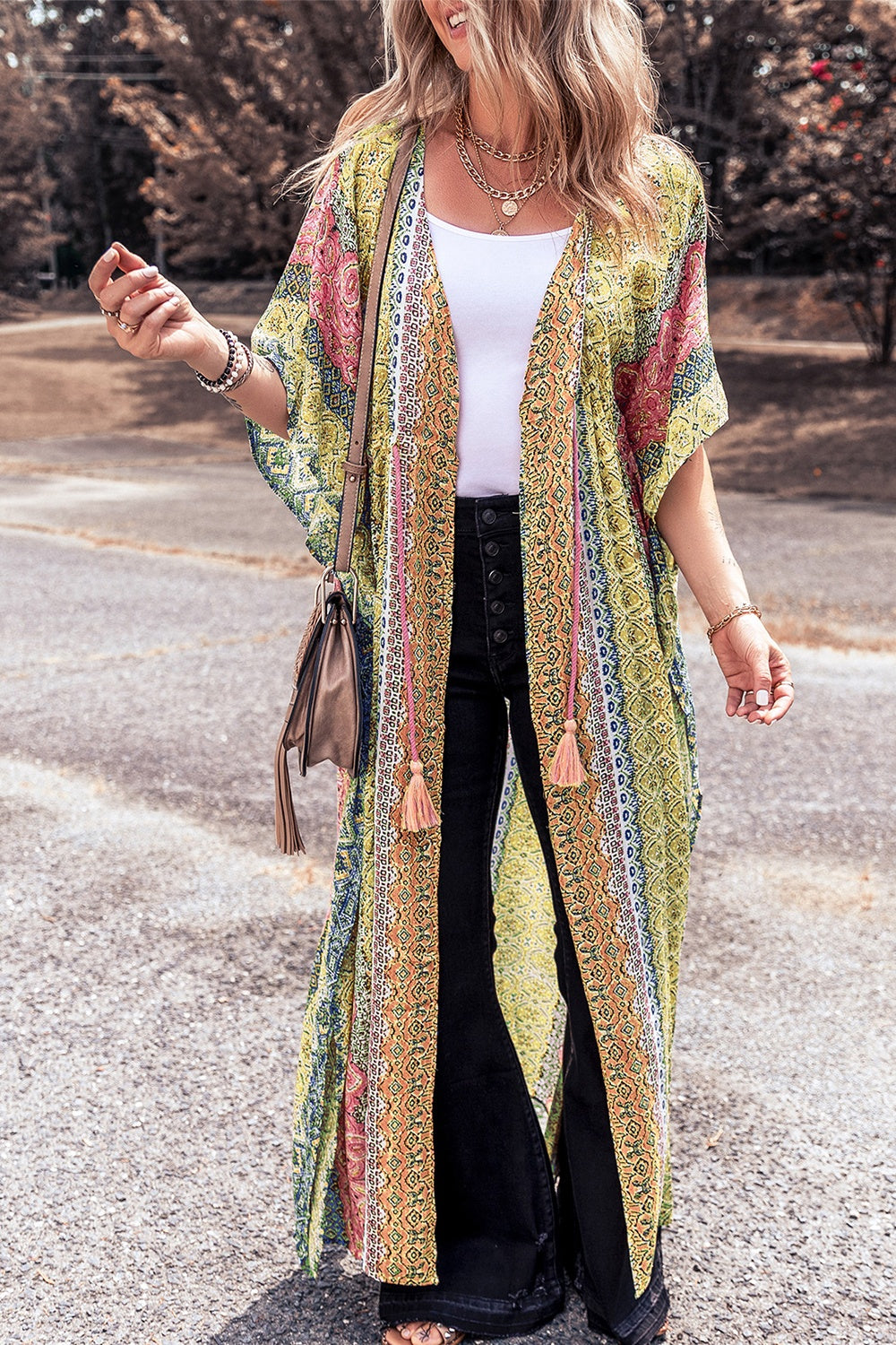 Drawstring Printed Kimono Sleeve Cover Up