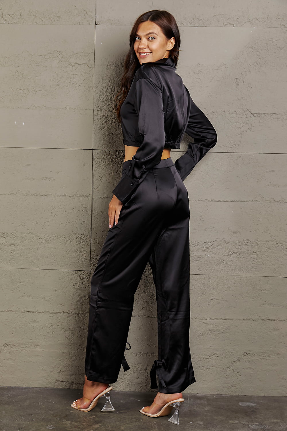 Long Sleeve Cropped Blouse and Tie Detail Long Pants Set