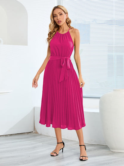 Pleated Spaghetti Strap Tie Waist Midi Dress