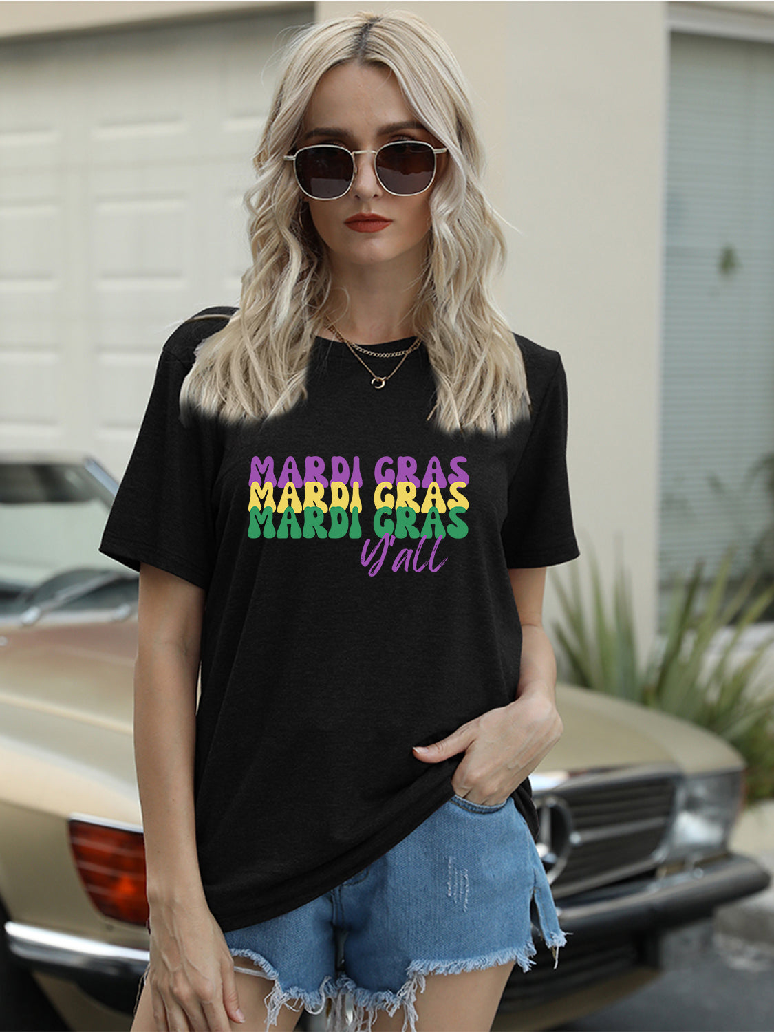 Full Size MARDI GRAS Y'ALL Round Neck T-Shirt