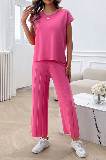 Round Neck Short Sleeve Top and Pants Set