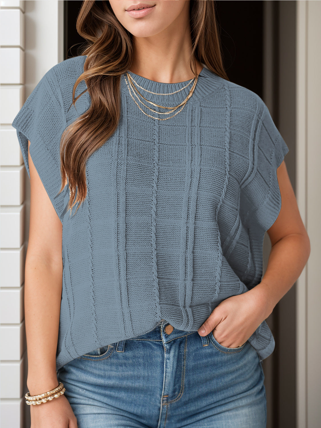 Round Neck Cap Sleeve Knit Top