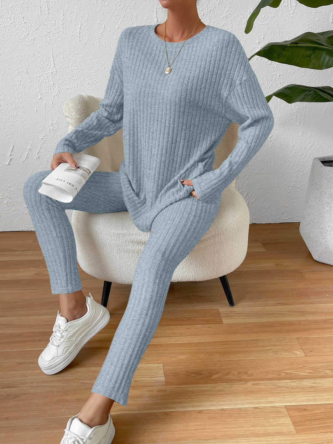 Ribbed Round Neck Top and Pants Set