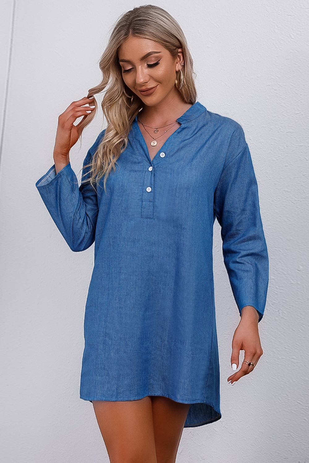 Half-Button Notched Neck High-Low Denim Dress