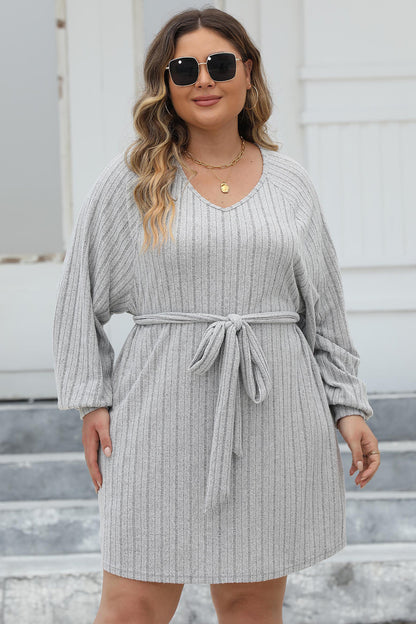 Plus Size Ribbed Tie Front Long Sleeve Sweater Dress