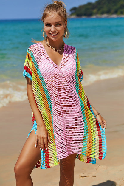 Double Take Openwork Striped Slit Knit Cover Up