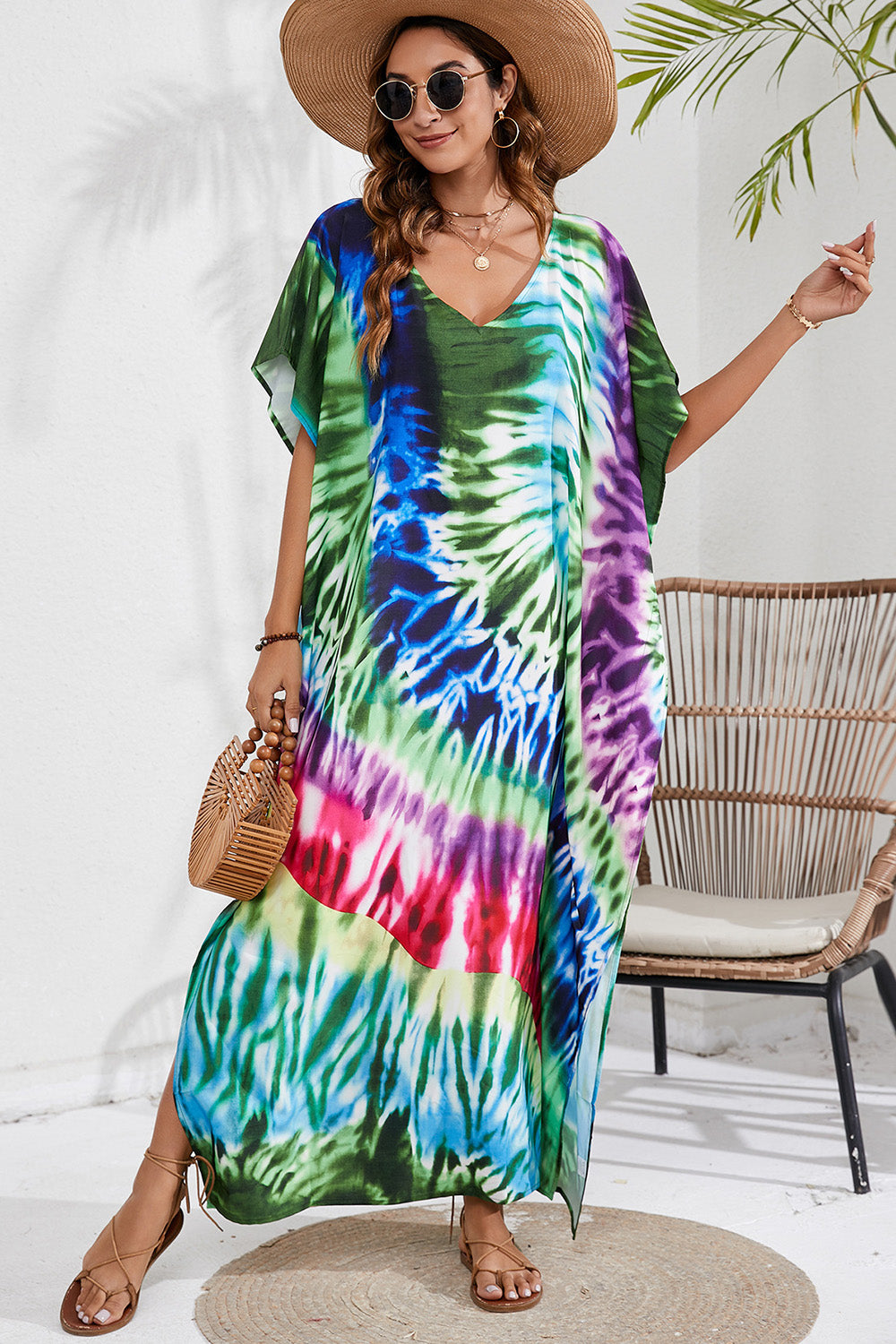 Slit Printed V-Neck Short Sleeve Cover Up