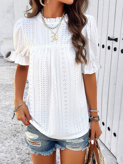 Eyelet Mock Neck Flounce Sleeve Blouse