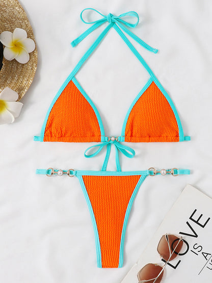 Textured Contrast Halter Neck Two-Piece Bikini Set