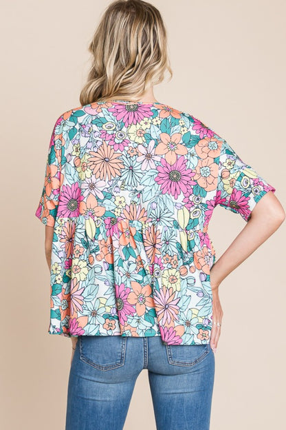 BOMBOM Floral Round Neck Short Sleeve Blouse