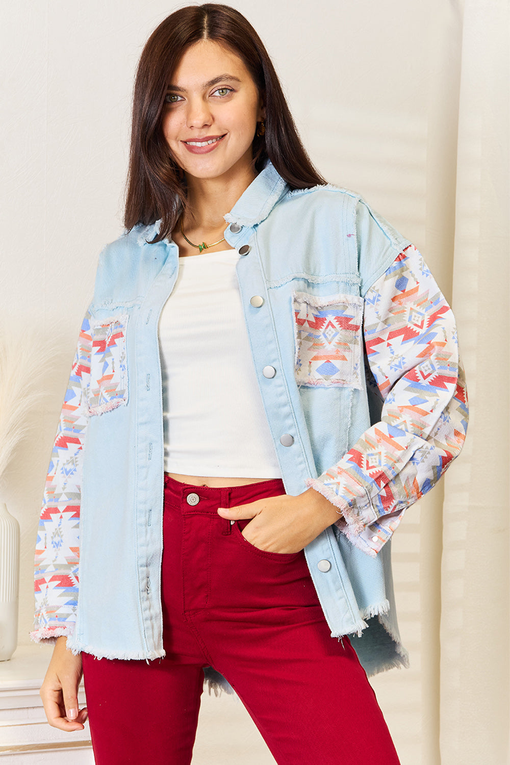 Buttoned Collared Neck Denim Jacket