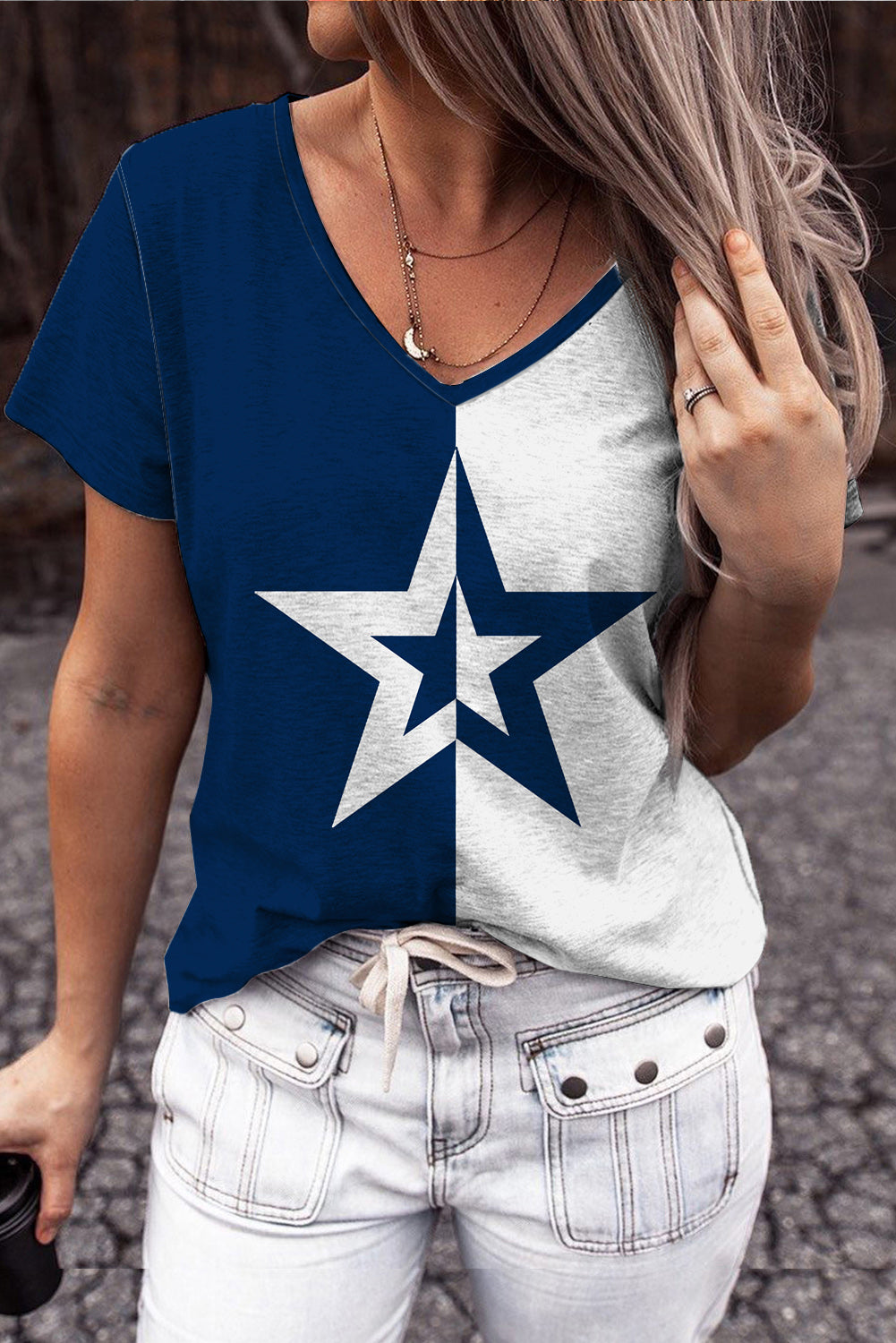 Star Contrast V-Neck Short Sleeve T-Shirt