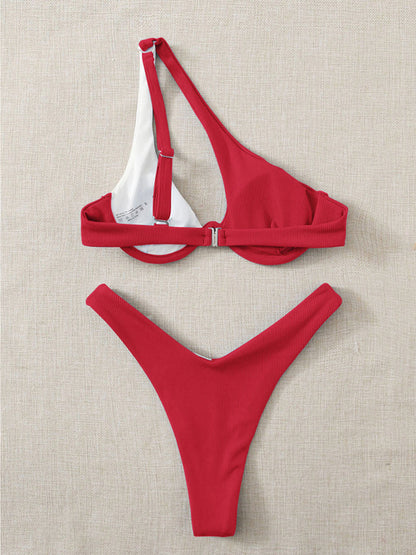 Contrast Single Shoulder Two-Piece Bikini Set