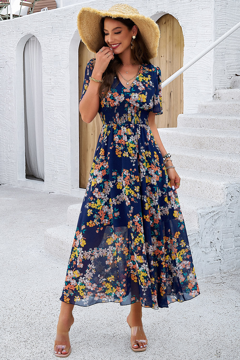 Smocked Floral V-Neck Short Sleeve Dress