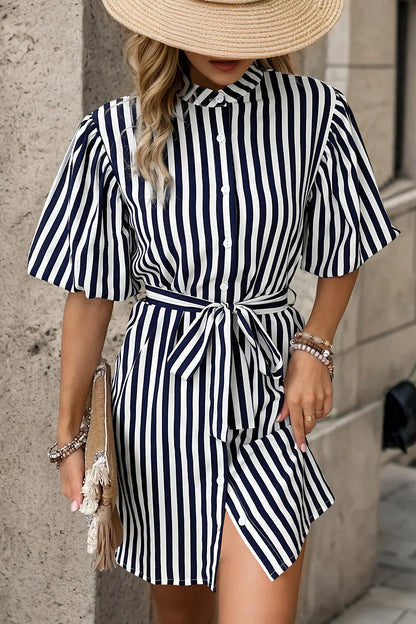 Striped Button Up Tie Waist Mini Dress