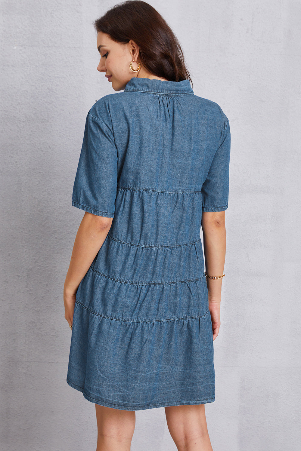 Button Up Collared Neck Tiered Denim Dress