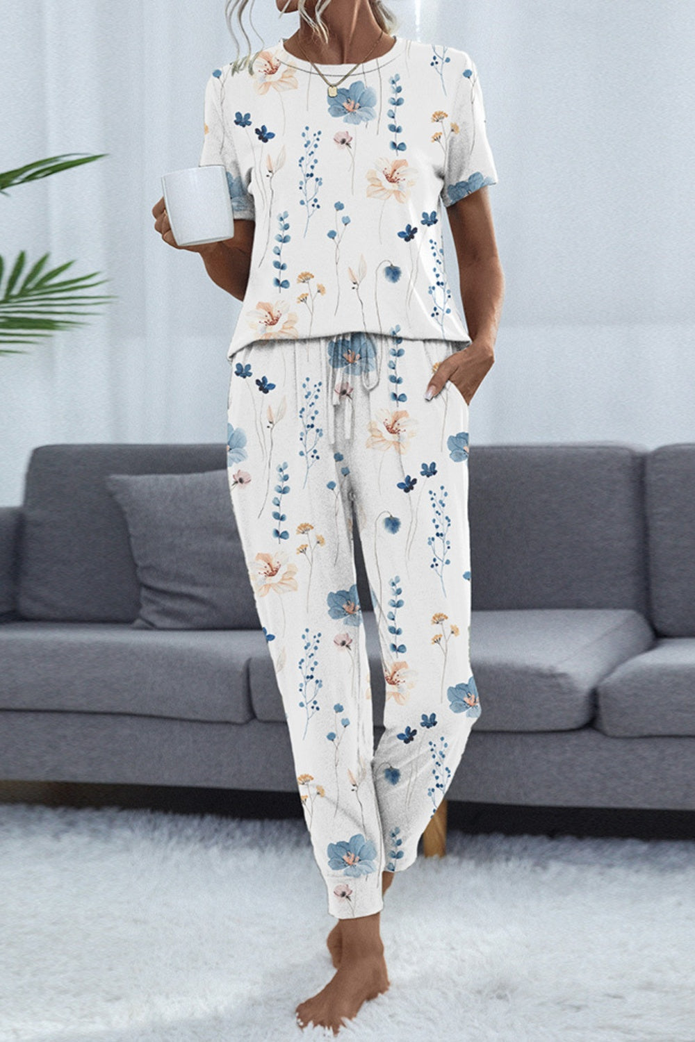 Printed Round Neck Top and Pants Set