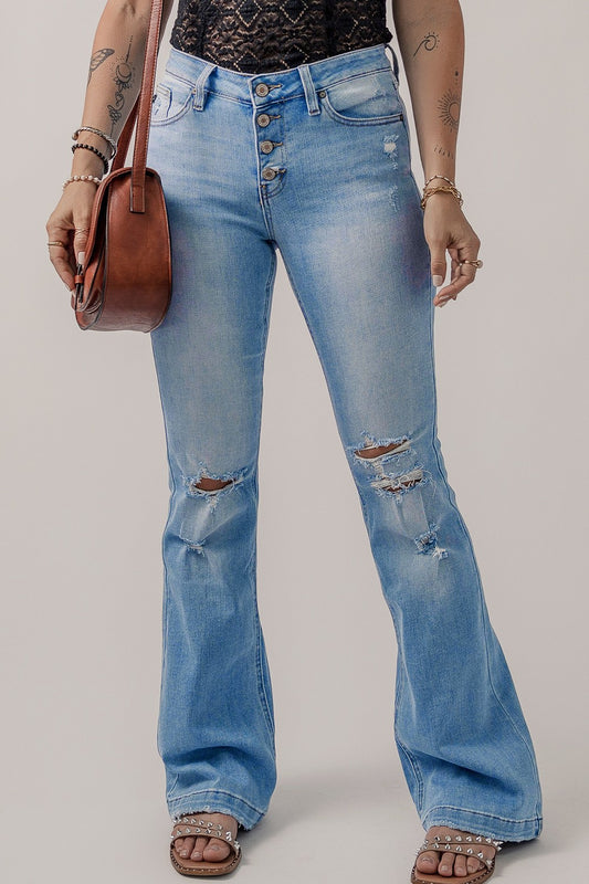 Button-Fly Distressed Flare Jeans