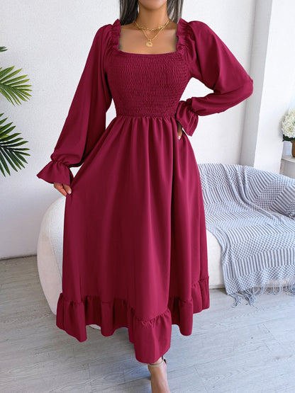 Smocked Square Neck Flounce Sleeve Dress