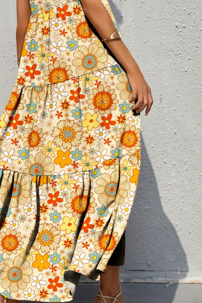 Tiered Printed V-Neck Sleeveless Dress