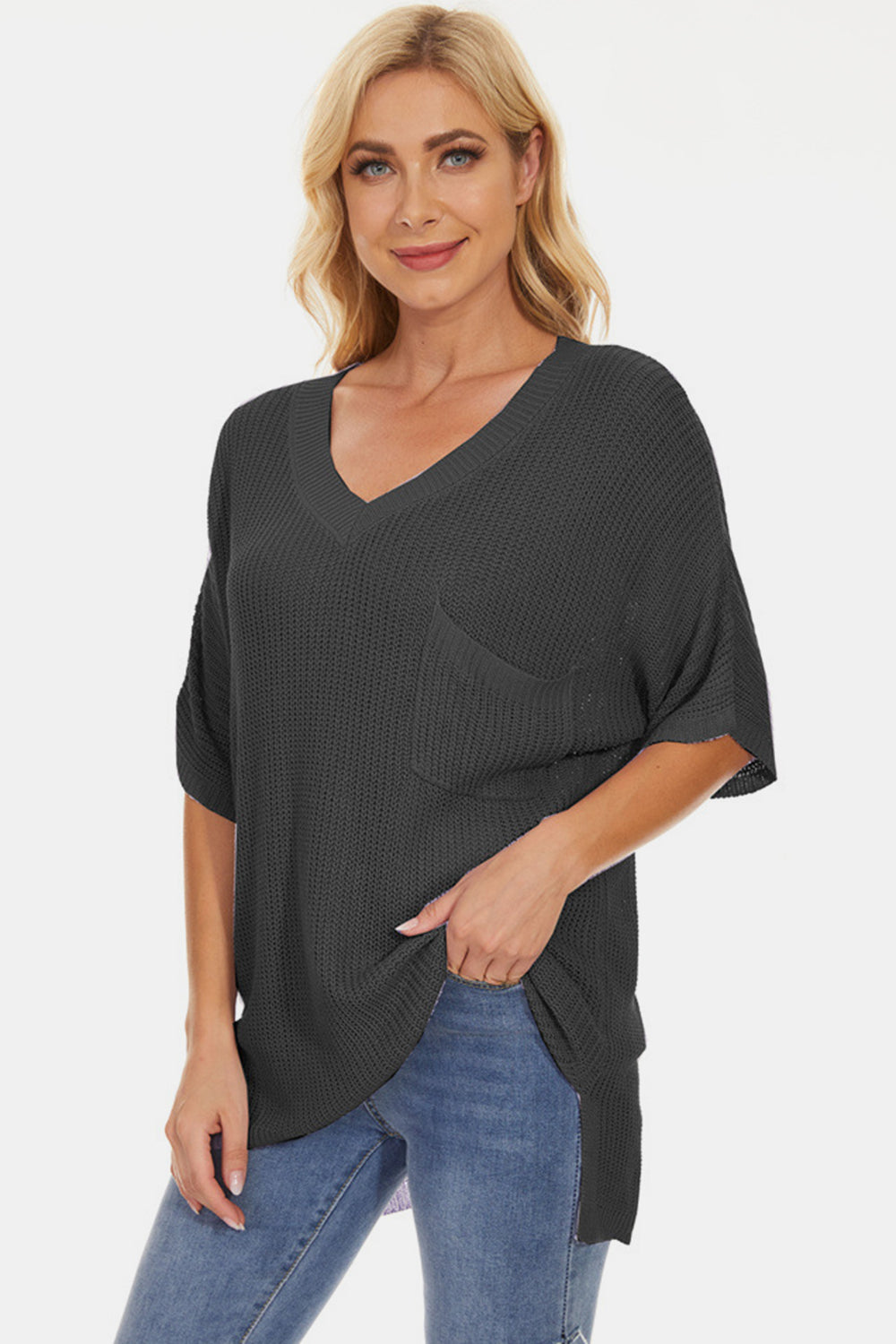 Pocketed V-Neck Half Sleeve Knit Top