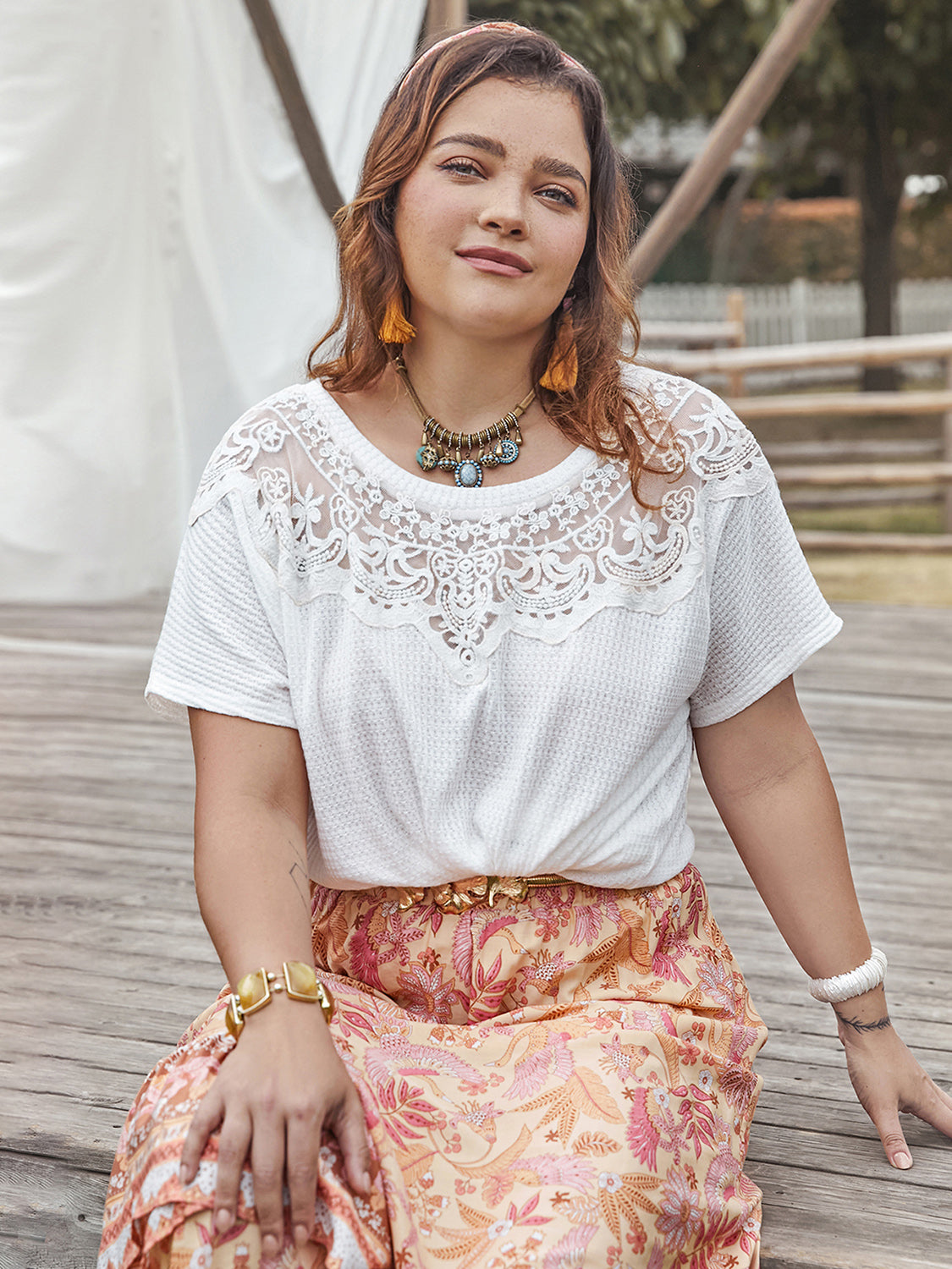 Plus Size Lace Detail Round Neck Short Sleeve Top