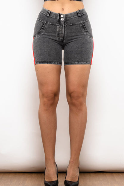 Full Size Side Stripe Buttoned Denim Shorts