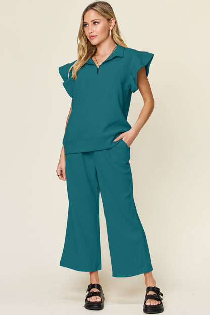 Double Take Texture Ruffle Short Sleeve Top and Drawstring Wide Leg Pants Set