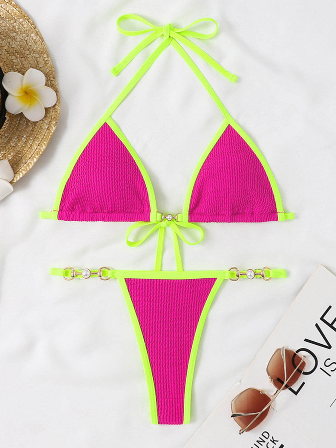 Textured Contrast Halter Neck Two-Piece Bikini Set