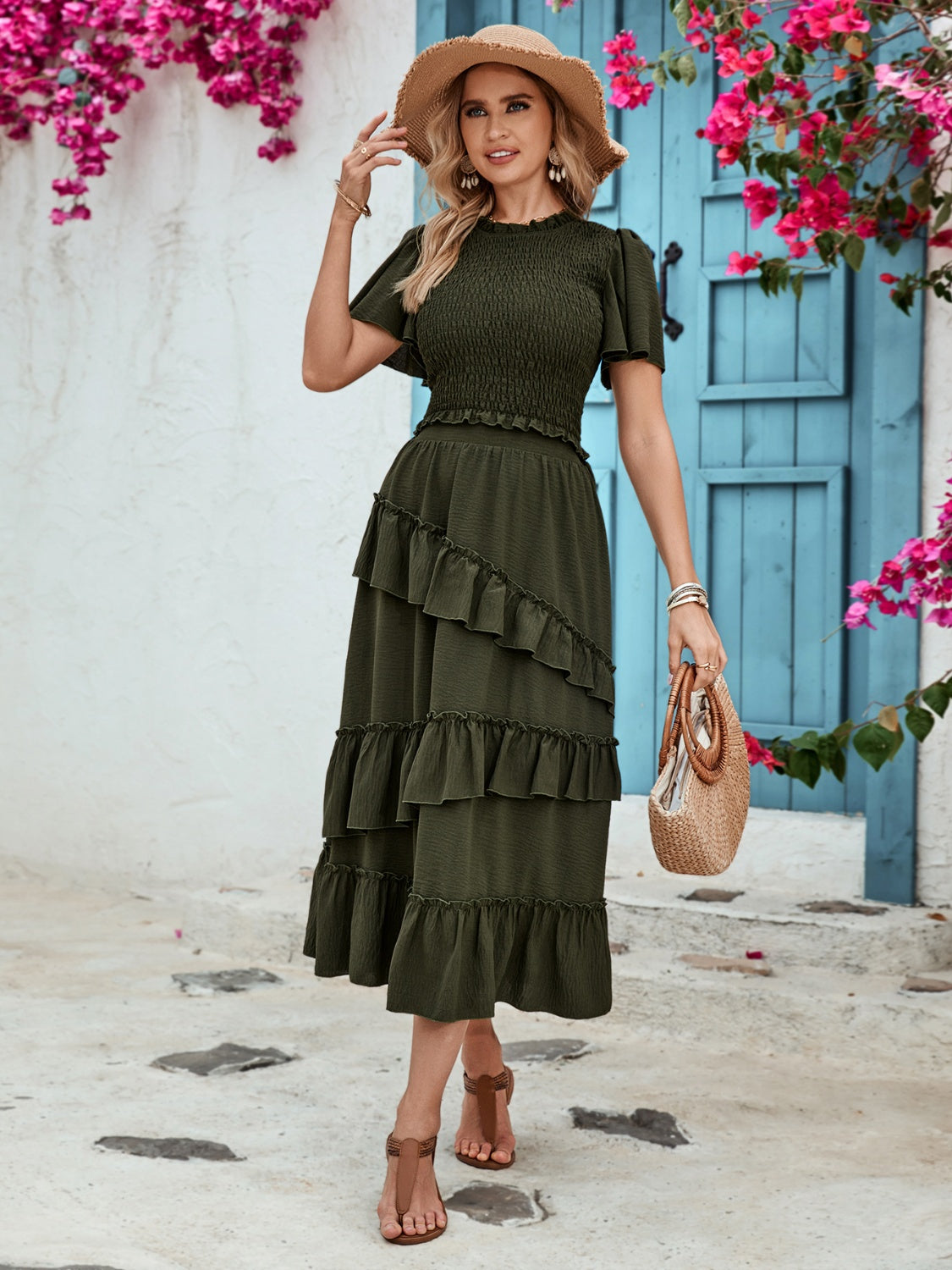 Ruffled Elastic Waist Midi Skirt